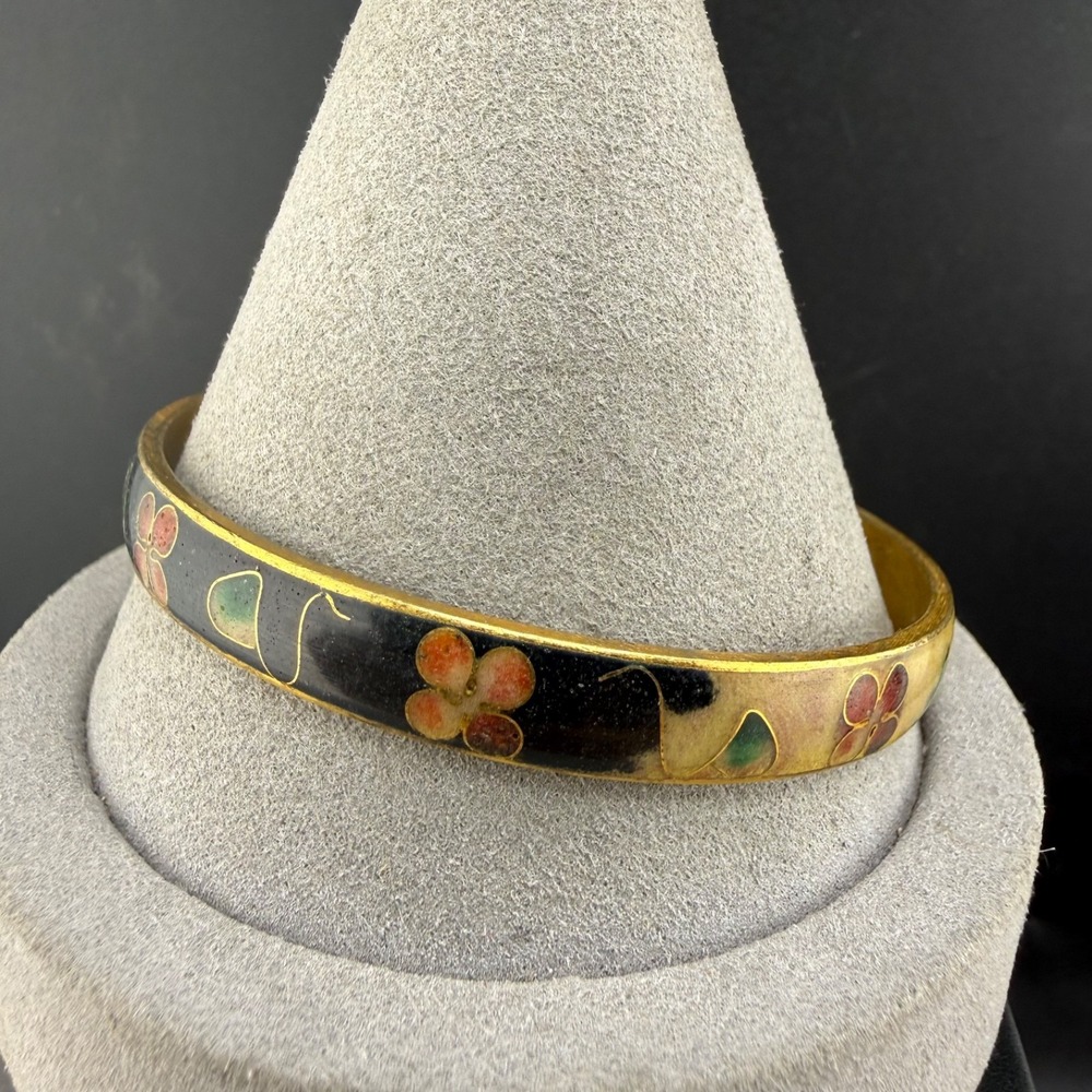 Vintage Cloisonné Bangle Bracelet Gold Tone Enamel 8.5”